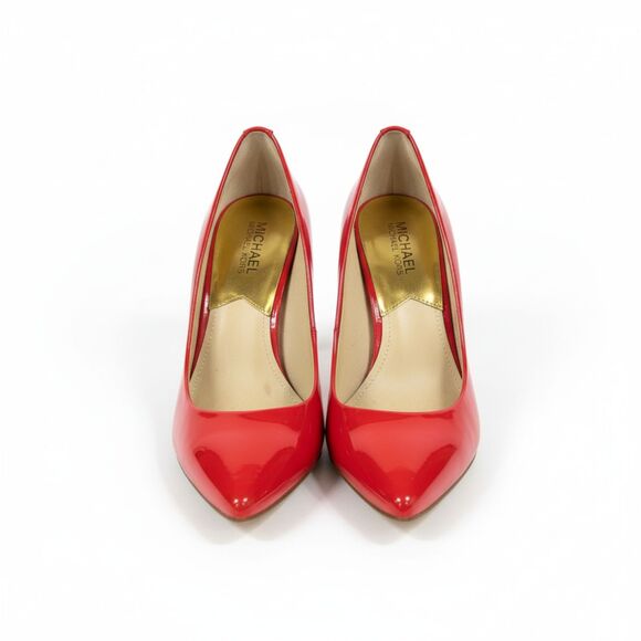 MICHAEL KORS Coral Red Patent Leather Pointed Toe Kitten Heel Pumps Size 8 - Picture 1 of 9